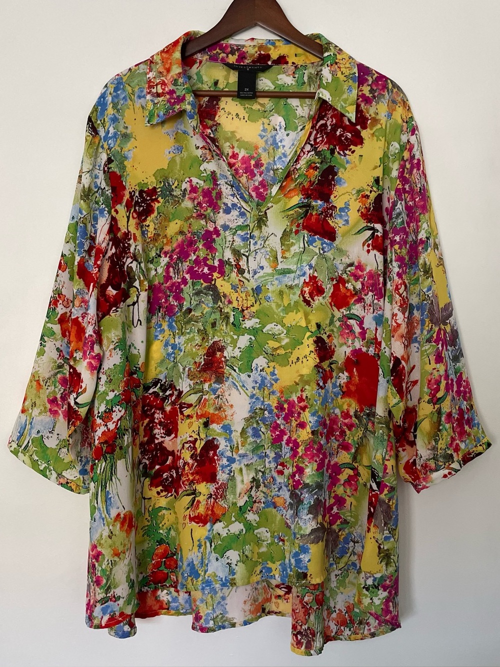 Investments 2X Plus Floral Tunic Blouse Artsy Boho Watercolor Garden Roll Sleeve